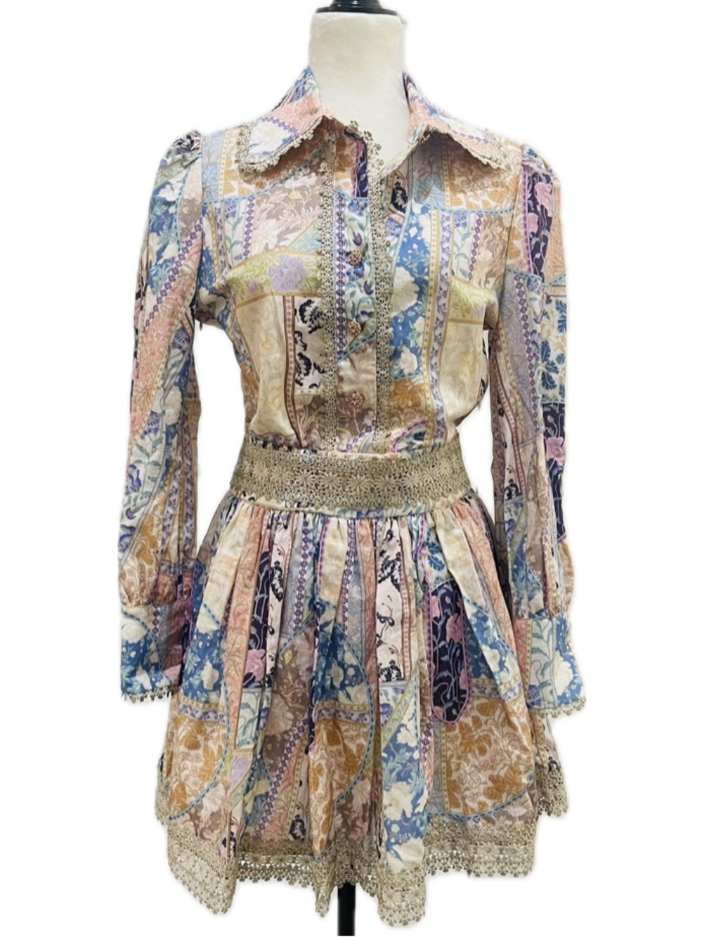 Zimmermann Patchwork Floral Shirtdress in Pastel Multicolor with Metallic Lace